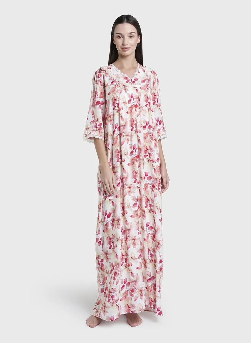 كشخة Red  Print Rayon Long Nightwear Dress (CNH484)