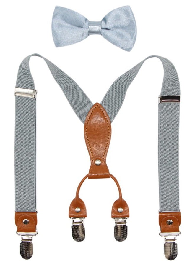 Bioterti Suspenders & Bowtie Set for Kids and Baby - Adjustable Elastic X-Band Strong Braces, Light Grey, One Size - Image 1