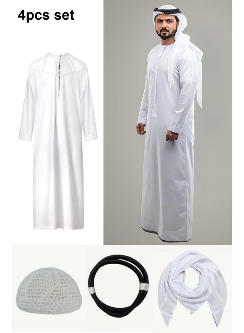 الهديل مجموعة أزياء عربية للرجال من 4 قطع - كندورا/ثوب مصنوعة يدويا مع الحجاب، عصابة الرأس، القبعة السفلية، زي رمضان وعيد - Image 1