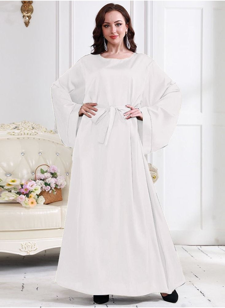Loquat Women's Casual Solid Color Long Sleeves Abaya Full Length Lace-Up Dress  Muslim White 