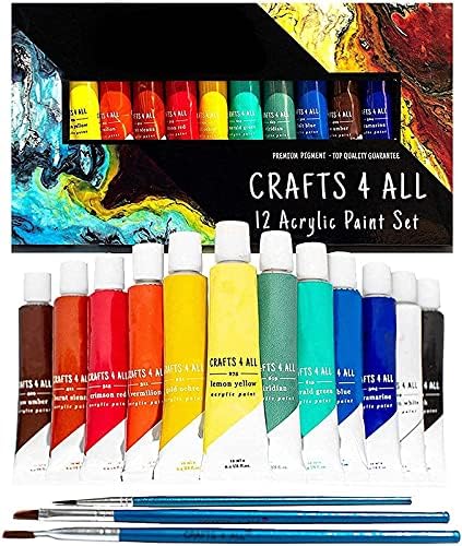 Crafts 4 ALL Acrylic Paint Set for Kids and Adults - 12 Pack of 12 mL Craft Paint Colors for Wood, Canvas, Fabric and Ceramics w/ 3 Different Sized Brushes - Art Supplies, Multi - Image 1