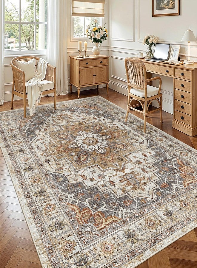 Madane سجاد ماداني 5x7 لغرفة المعيشة، سجاد مقاوم للبقع وقابل للغسل، سجاد ذو ظهر مانع للانزلاق، سجادة ديكور منزلي عتيق لغرفة النوم (كركم/رمادي، 5x7 قدم) - Image 2