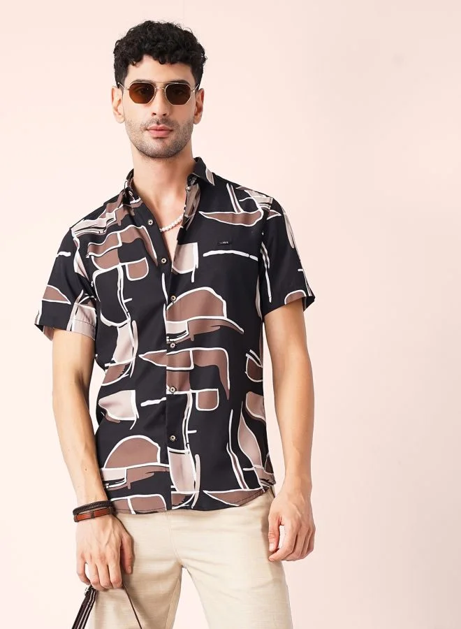 The Indian Garage Co Men Slim Fit Abstract Printed Half Sleeves Spread Collar Resort Wear Shirt