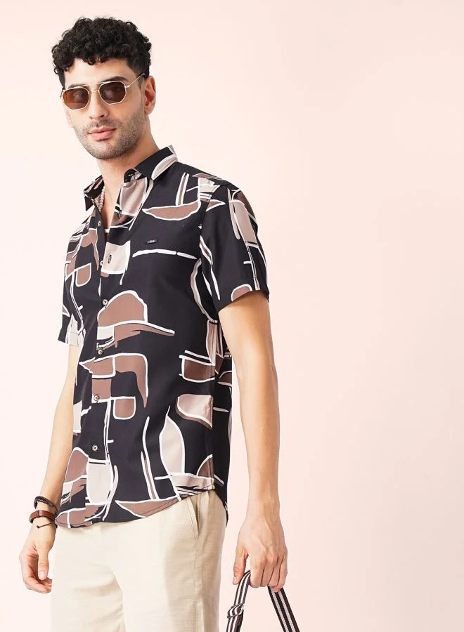 The Indian Garage Co Men Slim Fit Abstract Printed Half Sleeves Spread Collar Resort Wear Shirt