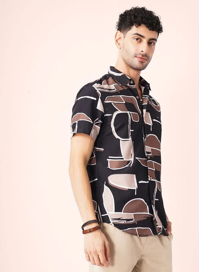 The Indian Garage Co Men Slim Fit Abstract Printed Half Sleeves Spread Collar Resort Wear Shirt
