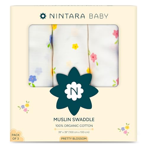 NINTARABABY Swaddles - 100% Organic Premium Muslin Cotton, 39" x 39" (100 cm x 100 cm), Ultra-Soft, Breathable & Lightweight, Hypoallergenic, Gifts for Newborn Girls, Pack of 3 - Image 1