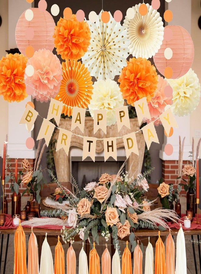 FETETIJD Orange Beige Fall Boho Birthday Party Decorations Autumn Sweet Peach Birthday Women Girls Groovy Paper Lanterns Tissue Pom Poms Paper Fans Tassel Gralands Fall Orange Birth day Party Decoration - Image 4