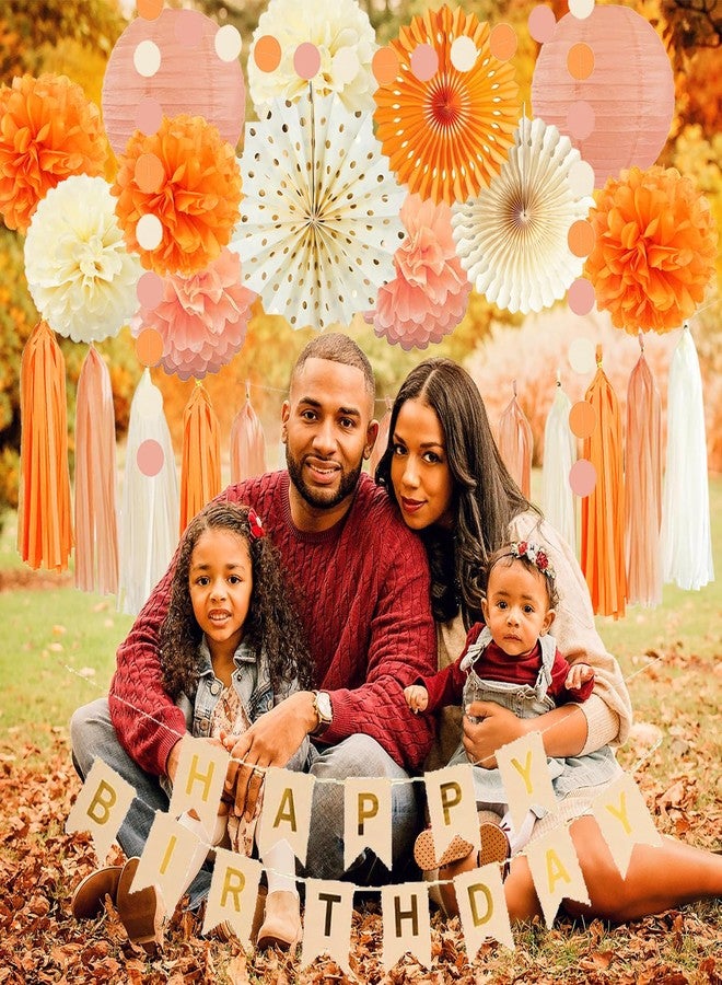 FETETIJD Orange Beige Fall Boho Birthday Party Decorations Autumn Sweet Peach Birthday Women Girls Groovy Paper Lanterns Tissue Pom Poms Paper Fans Tassel Gralands Fall Orange Birth day Party Decoration - Image 2