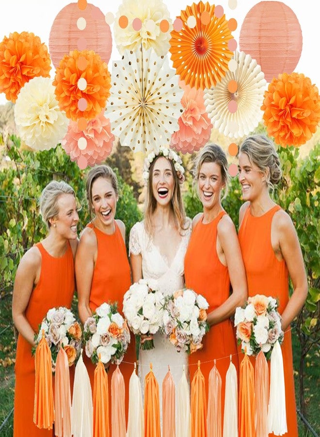 FETETIJD Orange Beige Fall Boho Birthday Party Decorations Autumn Sweet Peach Birthday Women Girls Groovy Paper Lanterns Tissue Pom Poms Paper Fans Tassel Gralands Fall Orange Birth day Party Decoration - Image 3
