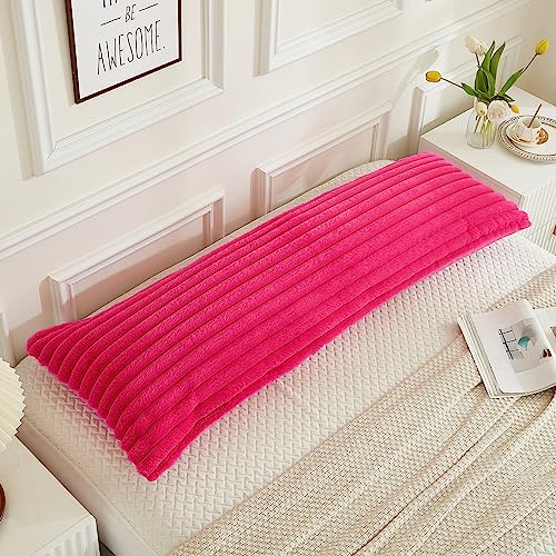 JAUXIO Faux Fur Fluffy Body Pillow Cover Luxury Striped Plush Decorative Body Pillowcase, Ultra Soft and Cozy Zipper Closure 21 x 54 Inches, Hot Pink - Image 3