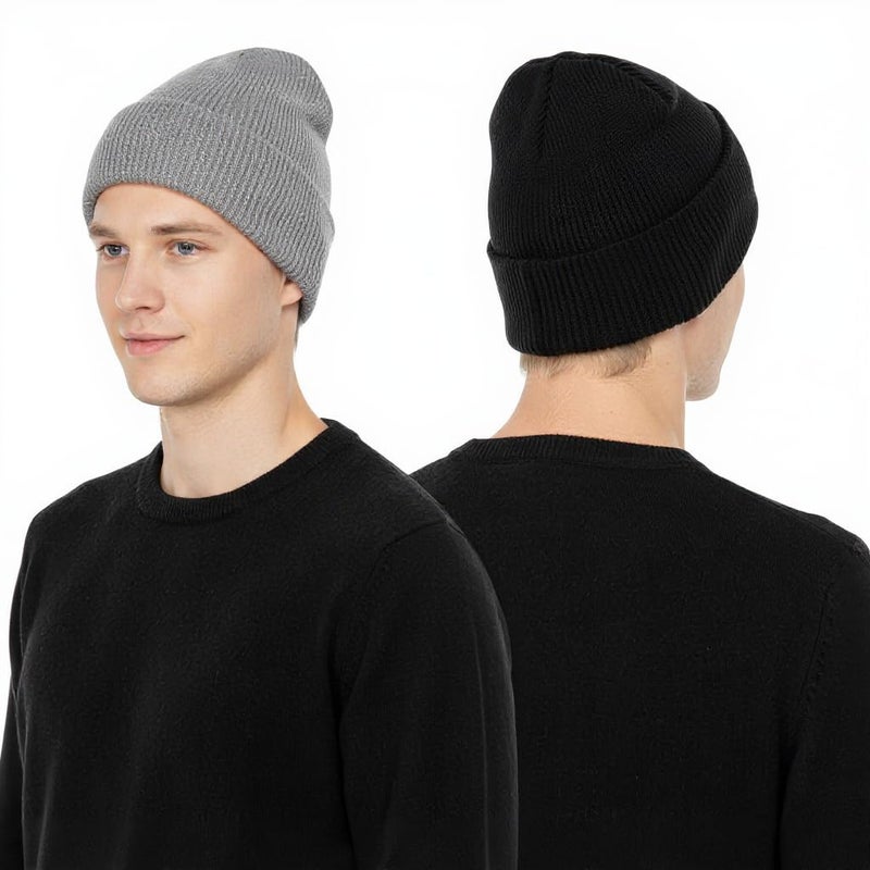 KaneLoo 2 PCS Unisex Beanie Hats for Men Women Winter Knit Satin Lined Beanies Silk Lining Soft Slouchy Warm Cuffed Beanie Hat Black LightGrey - Image 5