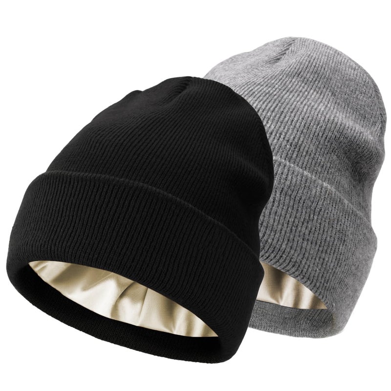 KaneLoo 2 PCS Unisex Beanie Hats for Men Women Winter Knit Satin Lined Beanies Silk Lining Soft Slouchy Warm Cuffed Beanie Hat Black LightGrey - Image 1
