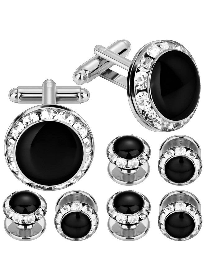 HAWSON Crystal Cuff Links And Studs Set For Mens Tuxedo Shrit Wedding Accessories (Silver) - Image 1