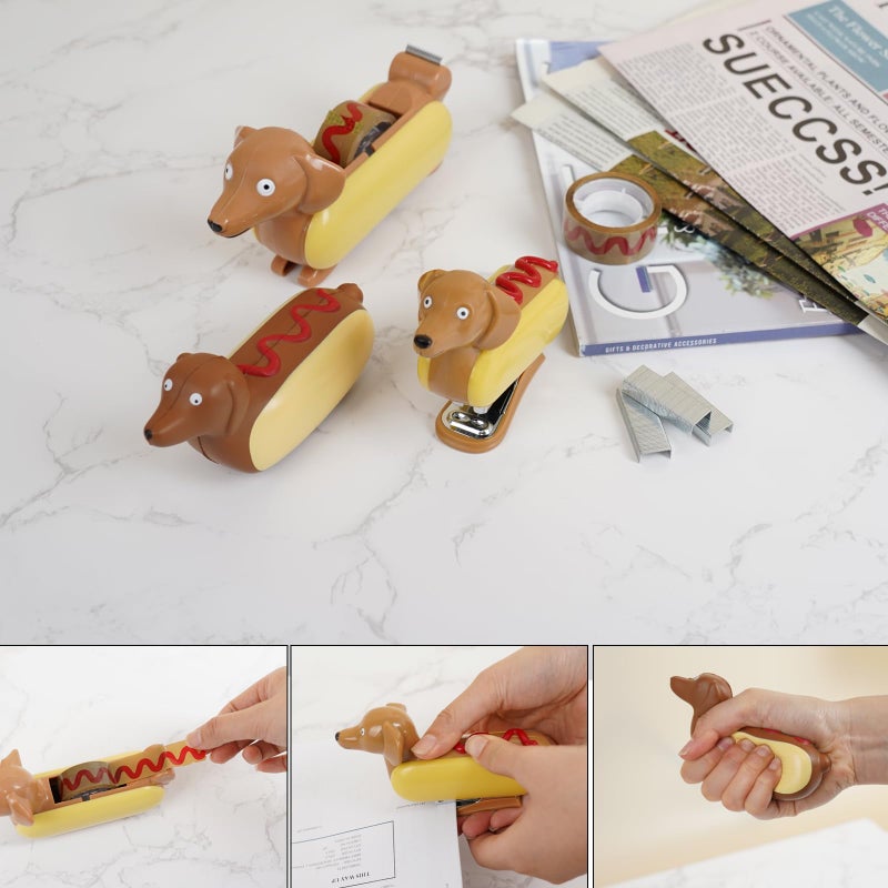 Yobro Miniature Dachshund Hot Dog Desk Set - Includes Mini Stapler, Tape Dispenser & Squeeze Hotdog - Cute Office Supplies for Desk Organization,Age 15 Years + - Image 2