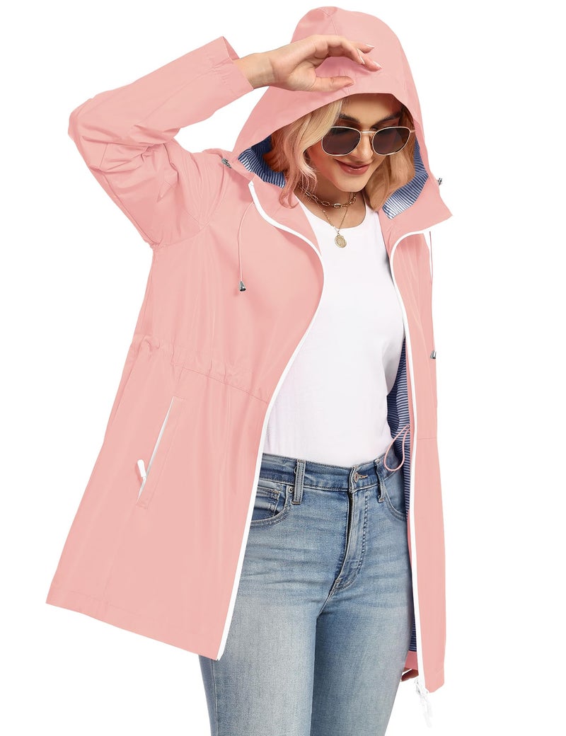 TCOT Long Raincoat for Women Lined Rain Jacket Waterproof Raincoats Lightweight Hooded Windbreaker Trench Coat Pink M - Image 2