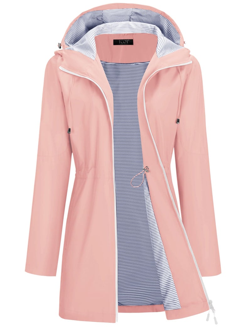 TCOT Long Raincoat for Women Lined Rain Jacket Waterproof Raincoats Lightweight Hooded Windbreaker Trench Coat Pink M - Image 1
