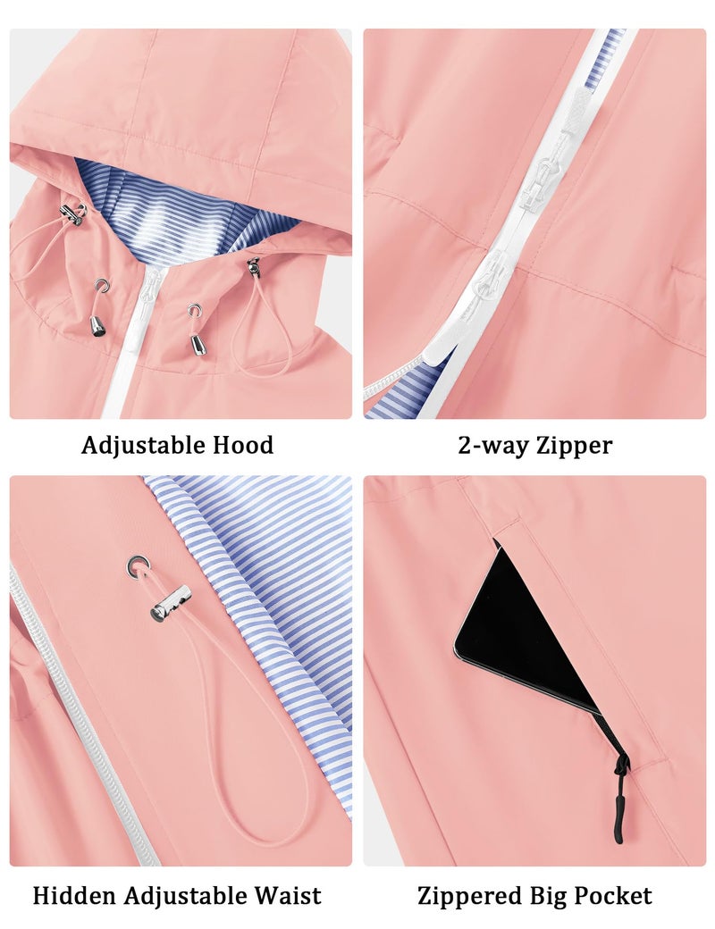 TCOT Long Raincoat for Women Lined Rain Jacket Waterproof Raincoats Lightweight Hooded Windbreaker Trench Coat Pink M - Image 3