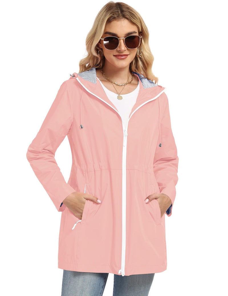 TCOT Long Raincoat for Women Lined Rain Jacket Waterproof Raincoats Lightweight Hooded Windbreaker Trench Coat Pink M - Image 5