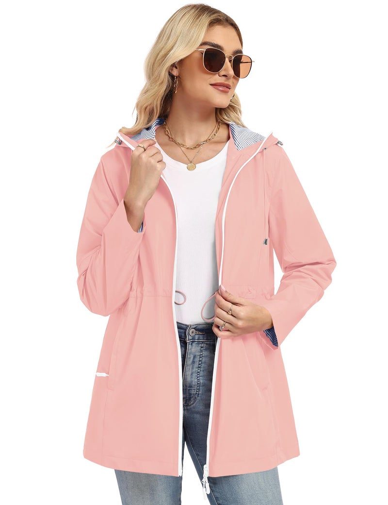 TCOT Long Raincoat for Women Lined Rain Jacket Waterproof Raincoats Lightweight Hooded Windbreaker Trench Coat Pink M - Image 4