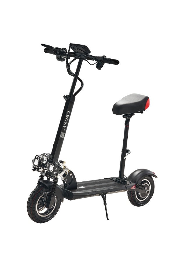 Crony V10 Big LCD 1200W Motor E-Scooter, 48V 12AH Battery, 28–42 MRH Max Speed 20-40KM Range, 10” Off-Road Rubber Tires, Dual Disc Brakes, Front & Rear Suspension, Foldable Aluminum Frame, Triple LED Headlights, LED Base Lighting, Electric Scooter for Adults/Teens with Seat, Heavy Duty 265 lbs Load Capacity, Fast Urban Commuter E-Skateboard for Teens and Adults, Long Range, E-bike with Solid Tires and Easy Folding Design, Fast Urban Commuter Motorized Scooter,Perfect Scooter for Outdoor Adventures, Black  - Image 1