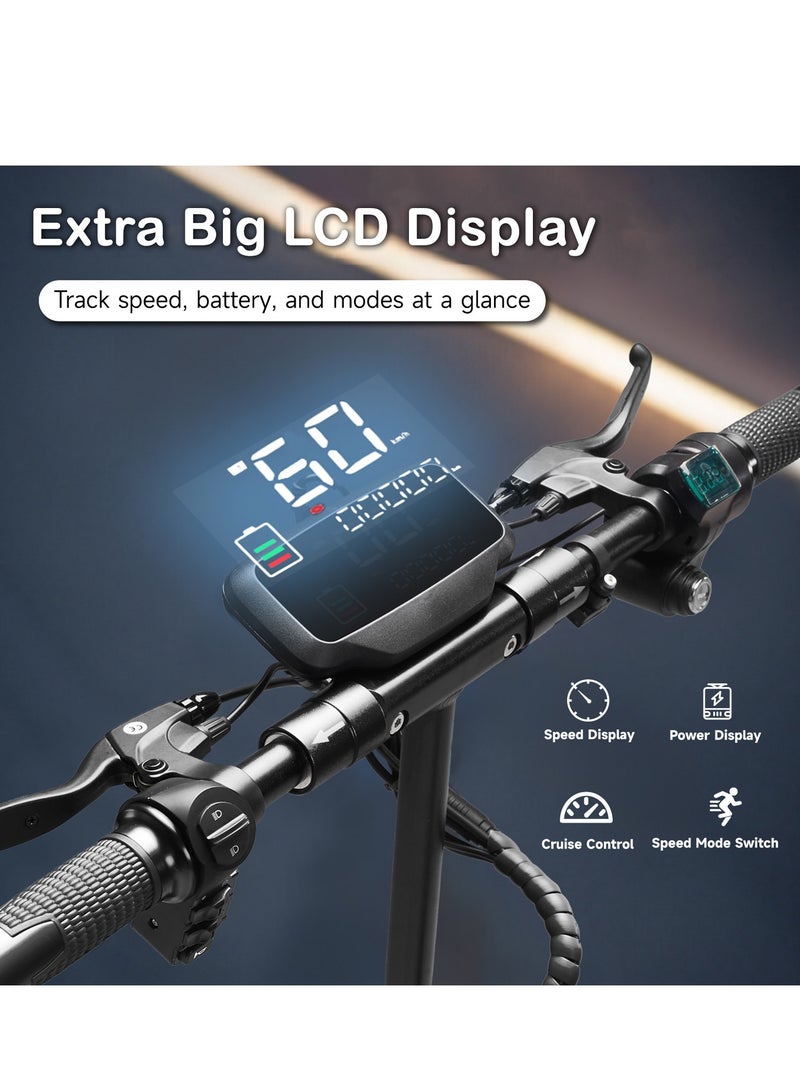 Crony V10 Big LCD 1200W Motor E-Scooter, 48V 12AH Battery, 28–42 MRH Max Speed 20-40KM Range, 10” Off-Road Rubber Tires, Dual Disc Brakes, Front & Rear Suspension, Foldable Aluminum Frame, Triple LED Headlights, LED Base Lighting, Electric Scooter for Adults/Teens with Seat, Heavy Duty 265 lbs Load Capacity, Fast Urban Commuter E-Skateboard for Teens and Adults, Long Range, E-bike with Solid Tires and Easy Folding Design, Fast Urban Commuter Motorized Scooter,Perfect Scooter for Outdoor Adventures, Black  - Image 2