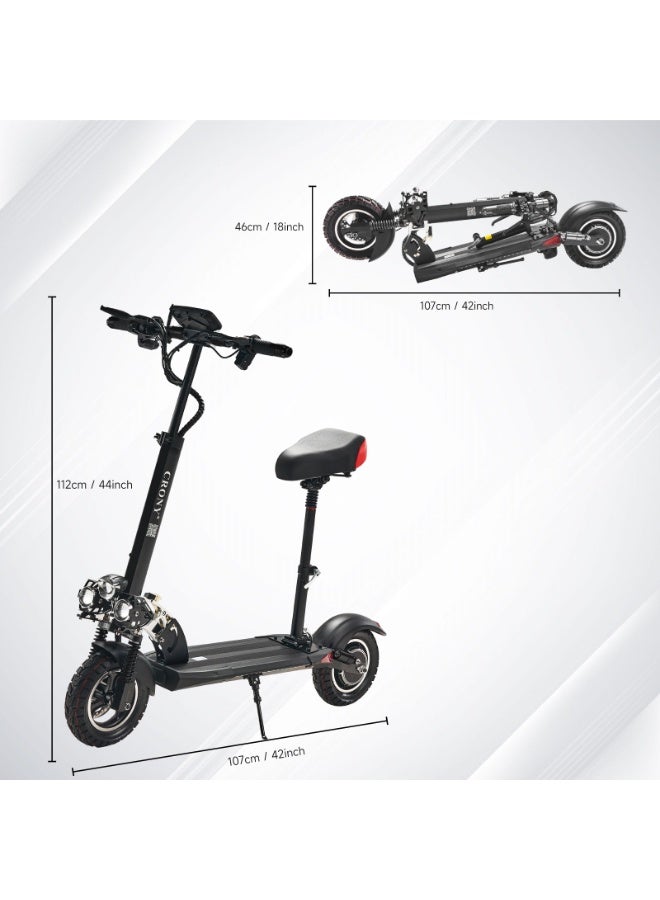 V10 Big LCD 1200W Motor E-Scooter, 48V 12AH Battery, 28–42 MRH Max Speed 20-40KM Range, 10” Off-Road Rubber Tires, Dual Disc Brakes, Front & Rear Suspension, Foldable Aluminum Frame, Triple LED Headlights, LED Base Lighting, Electric Scooter for Adults/Teens with Seat, Heavy Duty 265 lbs Load Capacity, Fast Urban Commuter E-Skateboard for Teens and Adults, Long Range, E-bike with Solid Tires and Easy Folding Design, Fast Urban Commuter Motorized Scooter,Perfect Scooter for Outdoor Adventures, Black