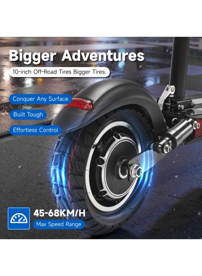 V10 Big LCD 1200W Motor E-Scooter, 48V 12AH Battery, 28–42 MRH Max Speed 20-40KM Range, 10” Off-Road Rubber Tires, Dual Disc Brakes, Front & Rear Suspension, Foldable Aluminum Frame, Triple LED Headlights, LED Base Lighting, Electric Scooter for Adults/Teens with Seat, Heavy Duty 265 lbs Load Capacity, Fast Urban Commuter E-Skateboard for Teens and Adults, Long Range, E-bike with Solid Tires and Easy Folding Design, Fast Urban Commuter Motorized Scooter,Perfect Scooter for Outdoor Adventures, Black