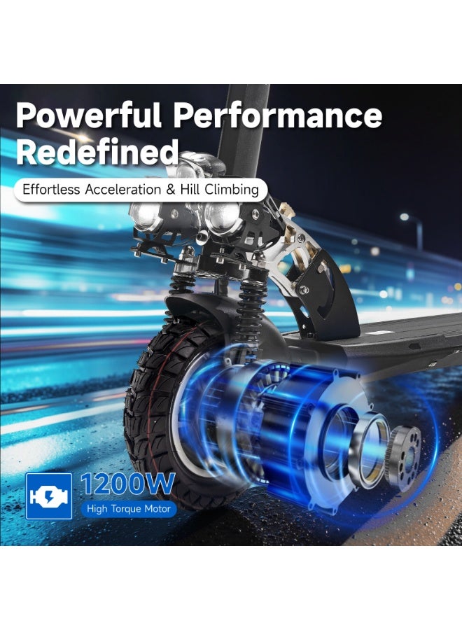 V10 Big LCD 1200W Motor E-Scooter, 48V 12AH Battery, 28–42 MRH Max Speed 20-40KM Range, 10” Off-Road Rubber Tires, Dual Disc Brakes, Front & Rear Suspension, Foldable Aluminum Frame, Triple LED Headlights, LED Base Lighting, Electric Scooter for Adults/Teens with Seat, Heavy Duty 265 lbs Load Capacity, Fast Urban Commuter E-Skateboard for Teens and Adults, Long Range, E-bike with Solid Tires and Easy Folding Design, Fast Urban Commuter Motorized Scooter,Perfect Scooter for Outdoor Adventures, Black