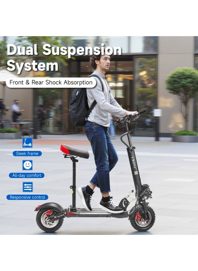 Crony V10 Big LCD 1200W Motor E-Scooter, 48V 12AH Battery, 28–42 MRH Max Speed 20-40KM Range, 10” Off-Road Rubber Tires, Dual Disc Brakes, Front & Rear Suspension, Foldable Aluminum Frame, Triple LED Headlights, LED Base Lighting, Electric Scooter for Adults/Teens with Seat, Heavy Duty 265 lbs Load Capacity, Fast Urban Commuter E-Skateboard for Teens and Adults, Long Range, E-bike with Solid Tires and Easy Folding Design, Fast Urban Commuter Motorized Scooter,Perfect Scooter for Outdoor Adventures, Black  - Image 5