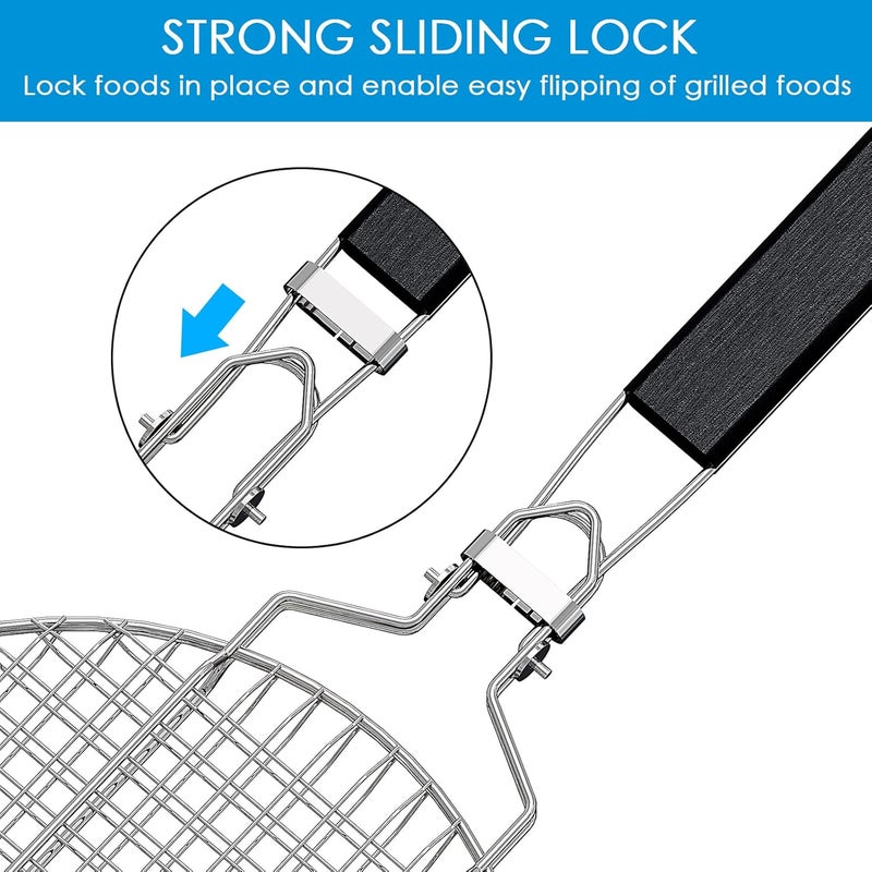 Linkidea Round Portable BBQ Grill Basket, Stainless Steel Fish Grill Basket with Removable Secure Locking Handle, Grill Accessories for Outdoor Grill Vegetables Fishes Shrimp - Image 4