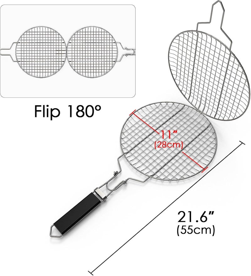Linkidea Round Portable BBQ Grill Basket, Stainless Steel Fish Grill Basket with Removable Secure Locking Handle, Grill Accessories for Outdoor Grill Vegetables Fishes Shrimp - Image 2