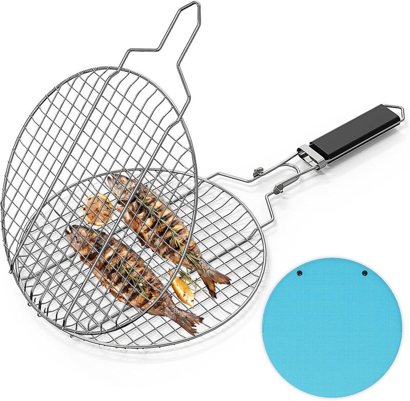 Linkidea Round Portable BBQ Grill Basket, Stainless Steel Fish Grill Basket with Removable Secure Locking Handle, Grill Accessories for Outdoor Grill Vegetables Fishes Shrimp - Image 1
