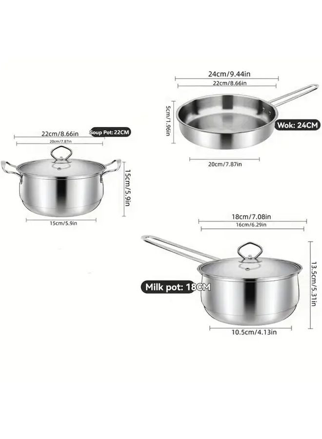 2pcs Set Stainless Steel Cookware Induction Ready Flat Bottom Frying Pan Soup Pot - Image 4