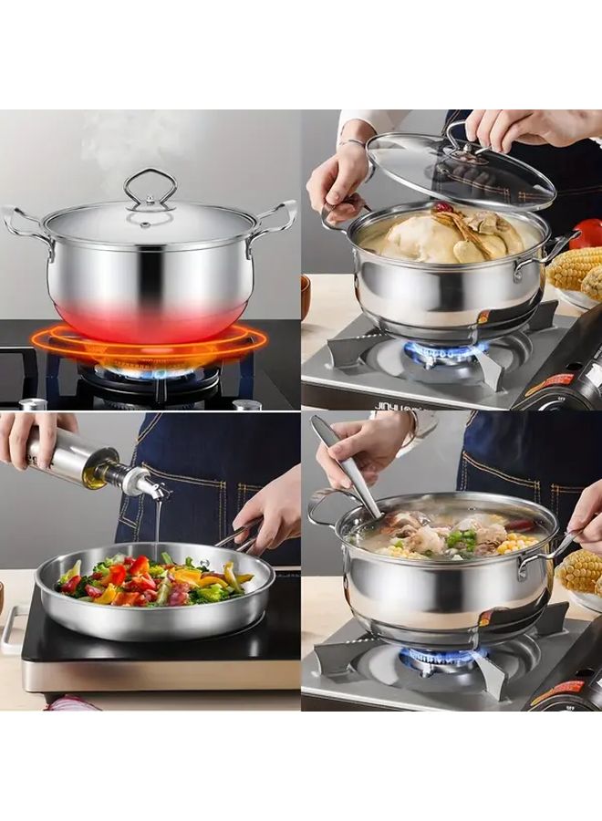 2pcs Set Stainless Steel Cookware Induction Ready Flat Bottom Frying Pan Soup Pot - Image 2