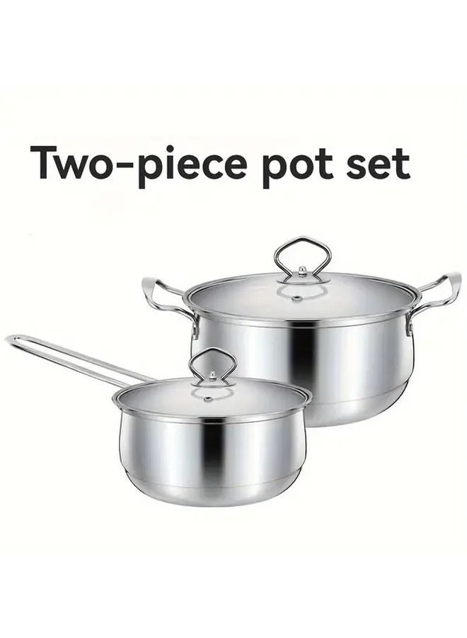 2pcs Set Stainless Steel Cookware Induction Ready Flat Bottom Frying Pan Soup Pot - Image 1