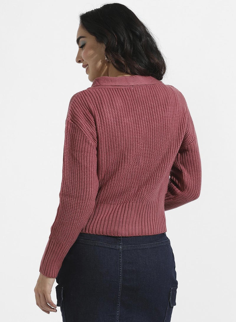 Campus Sutra Women's Blush Pink Solid Ribbed Cropped Cardigan  - Image 5
