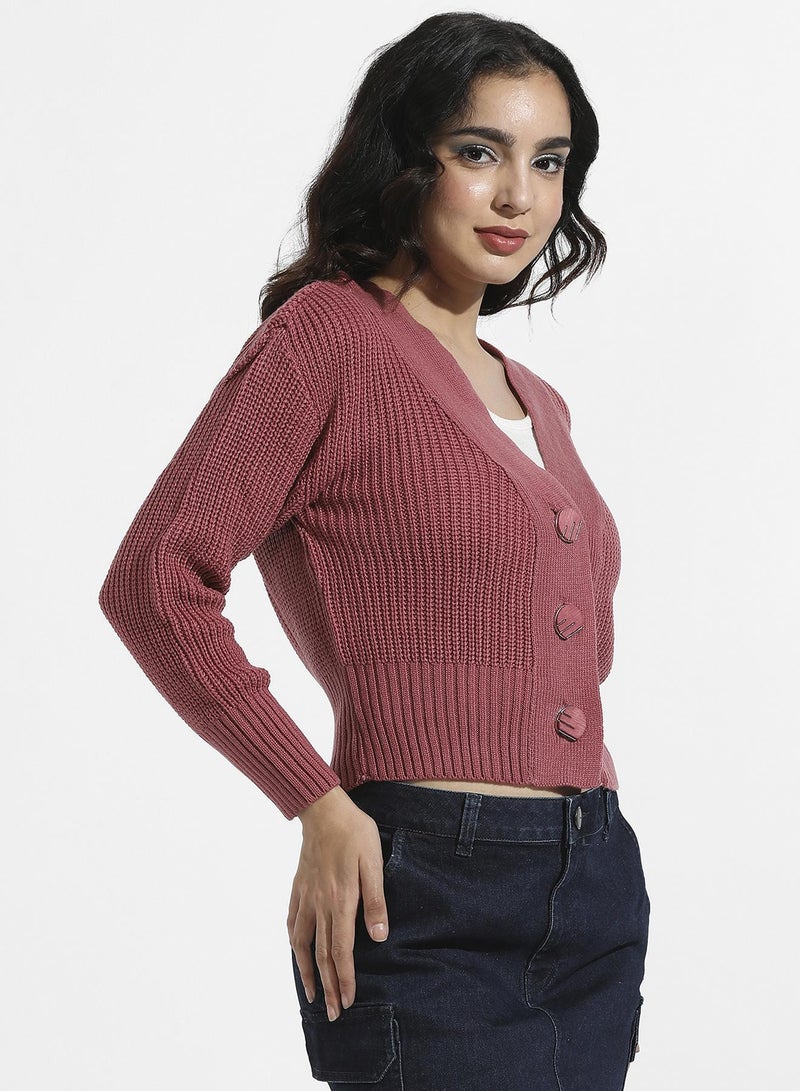 Campus Sutra Women's Blush Pink Solid Ribbed Cropped Cardigan  - Image 3