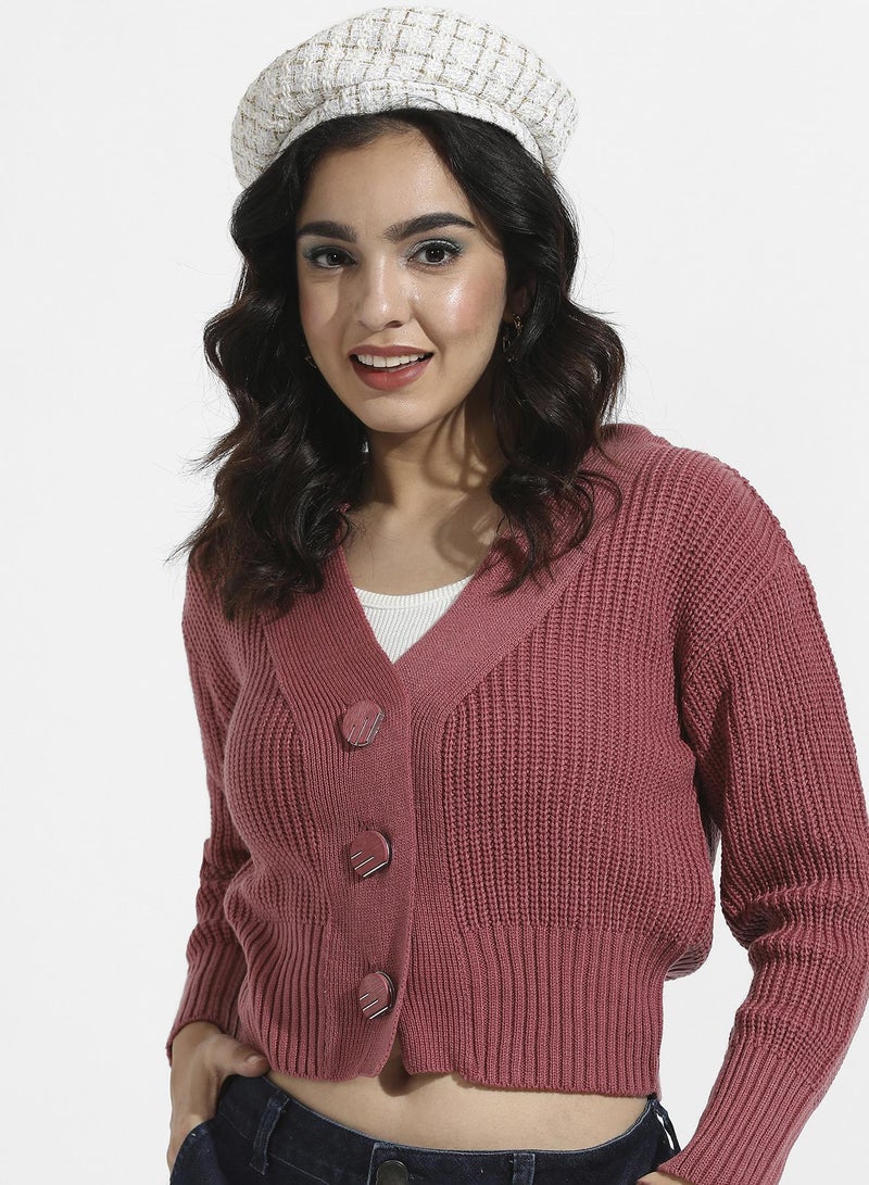 Campus Sutra Women's Blush Pink Solid Ribbed Cropped Cardigan  - Image 1