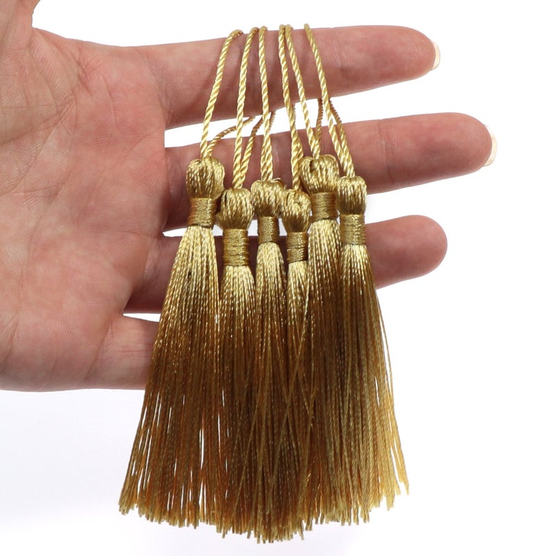 VAPKER 100 Pieces Light Gold 13cm/5-Inch Silky Handmade Soft Tassels Floss Bookmark Tassels with 2-Inch Cord Loop for Jewelry Making, DIY Projects, Bookmarks - Image 4