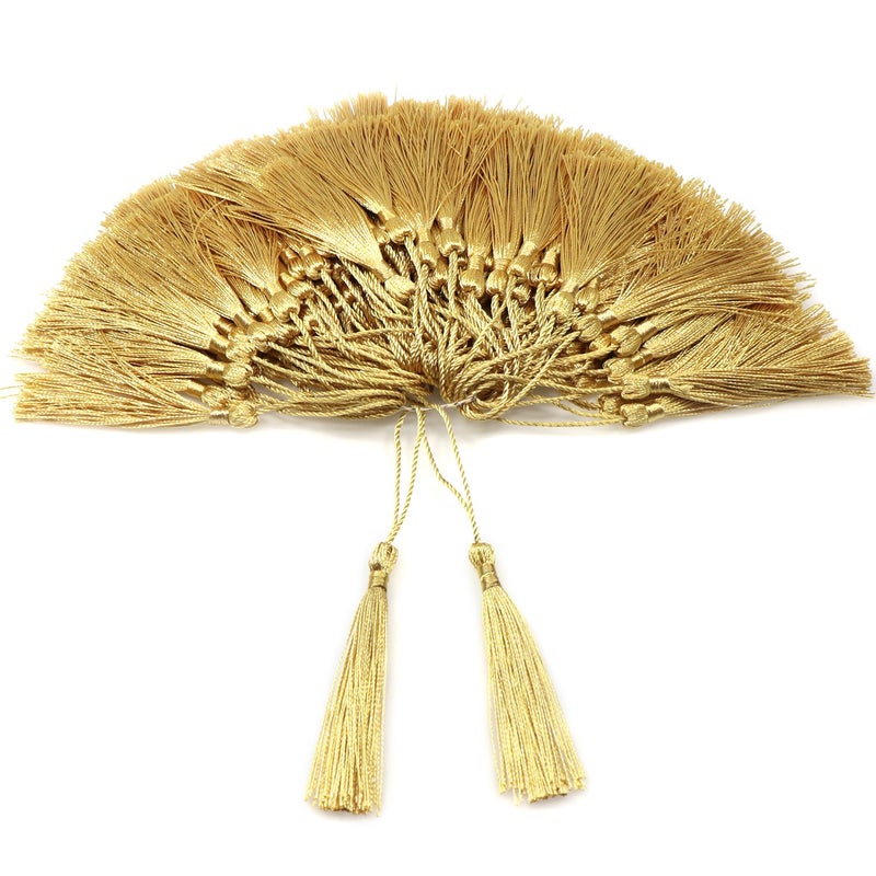 VAPKER 100 Pieces Light Gold 13cm/5-Inch Silky Handmade Soft Tassels Floss Bookmark Tassels with 2-Inch Cord Loop for Jewelry Making, DIY Projects, Bookmarks - Image 1