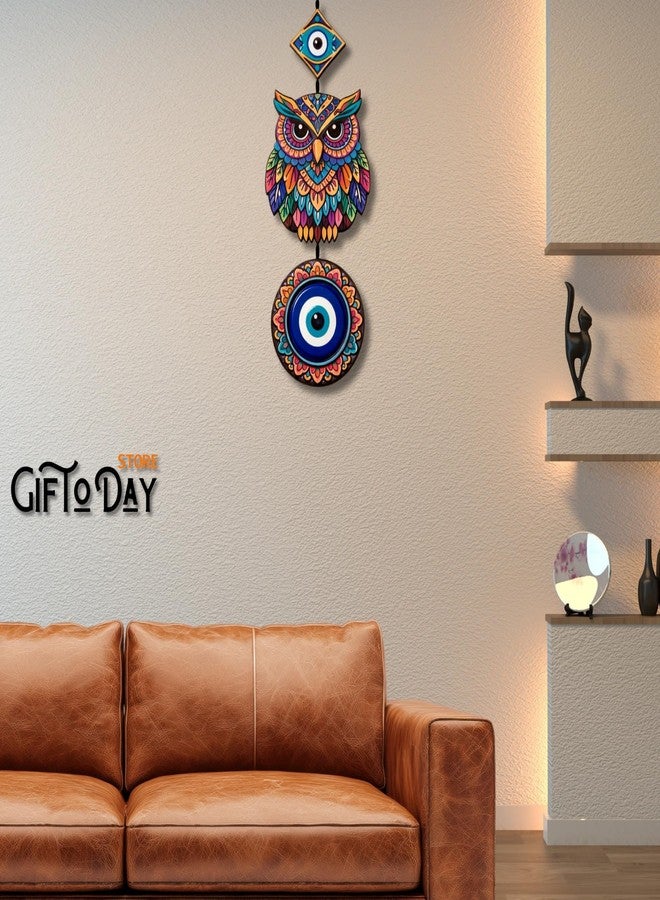 GiftOday Wooden Hanging Wall Decor for Home | Evil Eye Protection, Owl, Peacock & Cute Couple Decorative Wall Hanging for Living Room, Bedroom, Kids Room & Entryway Decor (Evil Eye Owl) - Image 2