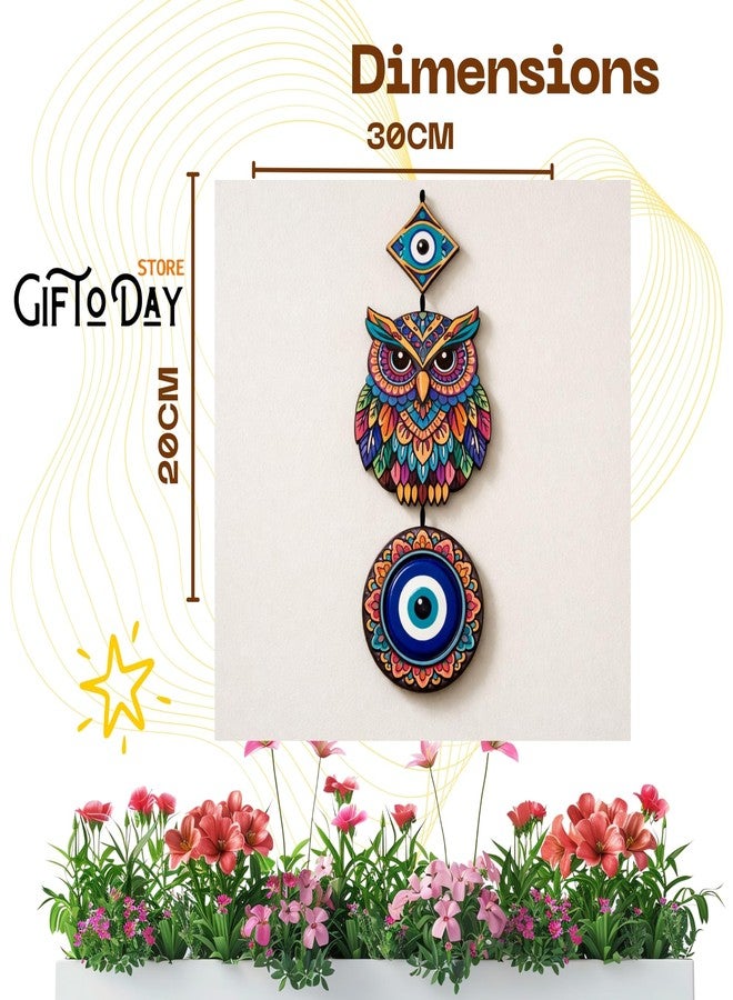 GiftOday Wooden Hanging Wall Decor for Home | Evil Eye Protection, Owl, Peacock & Cute Couple Decorative Wall Hanging for Living Room, Bedroom, Kids Room & Entryway Decor (Evil Eye Owl) - Image 1