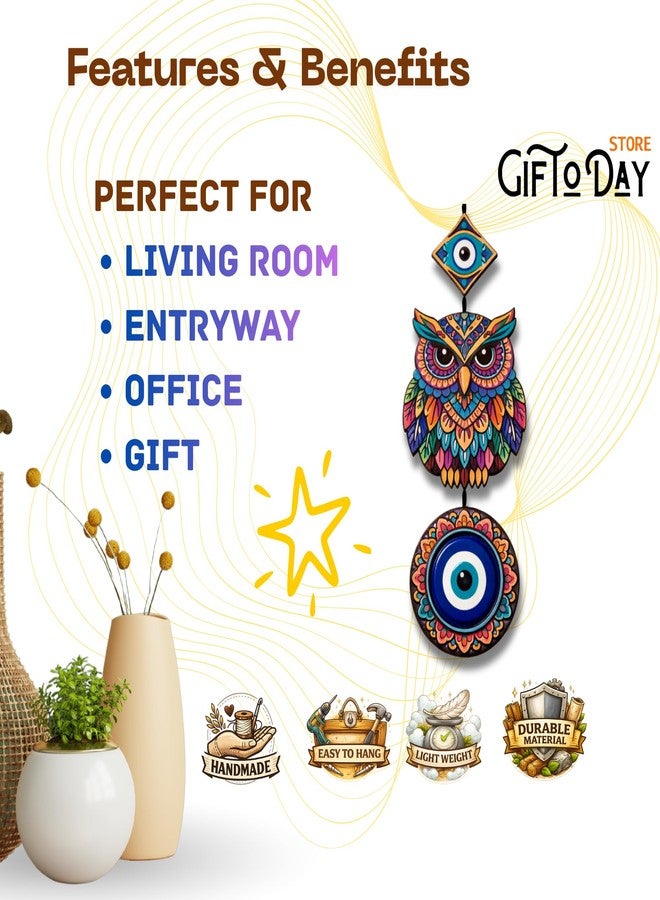 GiftOday Wooden Hanging Wall Decor for Home | Evil Eye Protection, Owl, Peacock & Cute Couple Decorative Wall Hanging for Living Room, Bedroom, Kids Room & Entryway Decor (Evil Eye Owl) - Image 3