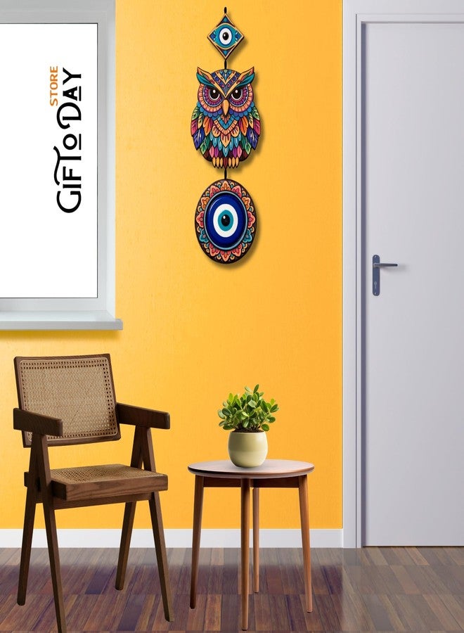 GiftOday Wooden Hanging Wall Decor for Home | Evil Eye Protection, Owl, Peacock & Cute Couple Decorative Wall Hanging for Living Room, Bedroom, Kids Room & Entryway Decor (Evil Eye Owl) - Image 4