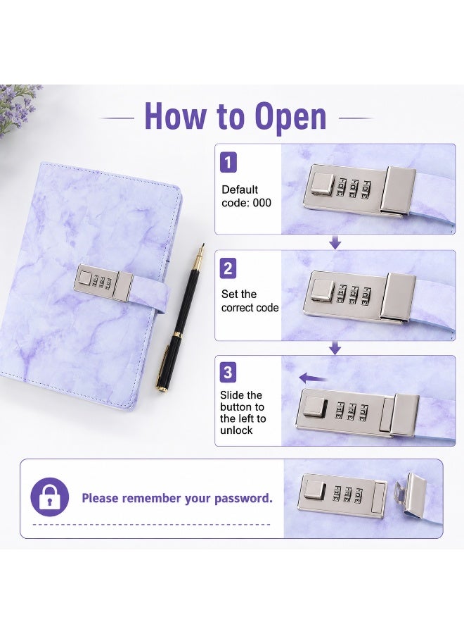 LYNLYN A5 Lock Notebook, Purple Marble Diary with 3 Digit Combination Lock, 192 Lined Pages, Waterproof PU Cover, Privacy Journal with Pen for Daily Writing and Gifting (21*14.8 CM) - Image 5