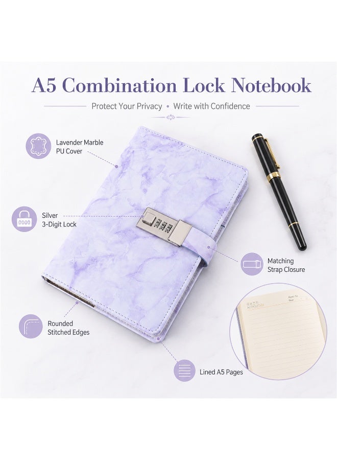 LYNLYN A5 Lock Notebook, Purple Marble Diary with 3 Digit Combination Lock, 192 Lined Pages, Waterproof PU Cover, Privacy Journal with Pen for Daily Writing and Gifting (21*14.8 CM) - Image 2