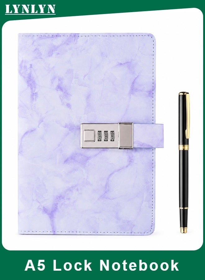 LYNLYN A5 Lock Notebook, Purple Marble Diary with 3 Digit Combination Lock, 192 Lined Pages, Waterproof PU Cover, Privacy Journal with Pen for Daily Writing and Gifting (21*14.8 CM) - Image 1