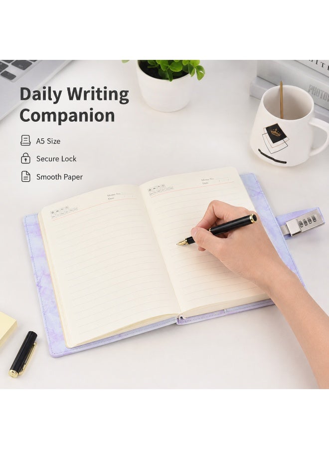 LYNLYN A5 Lock Notebook, Purple Marble Diary with 3 Digit Combination Lock, 192 Lined Pages, Waterproof PU Cover, Privacy Journal with Pen for Daily Writing and Gifting (21*14.8 CM) - Image 4
