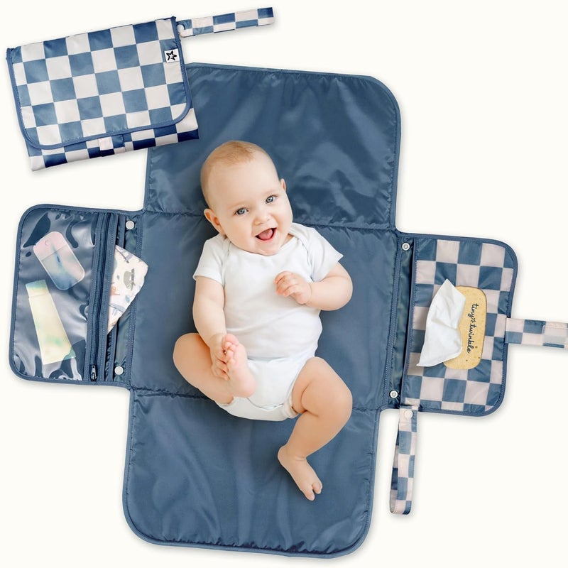 Tiny Twinkle Portable Diaper Changing Pad | Waterproof, Wipeable & Compact Baby Changing Pad for Travel | Smart Wipes Pocket & Organized Storage| Newborn Shower Gift (Blue Checkers) - Image 1