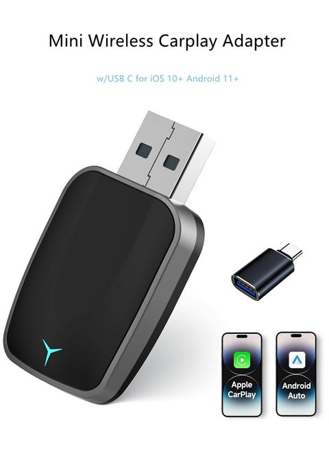 Mini Wireless Carplay Adapter, Convert Wired to Wireless Car Play & Android Auto 2-in-1 Adapter for Apple iPhone & Android Phone, Plug & Play, Auto Connect, No Delay, w/USB C for iOS 10+ Android 11+